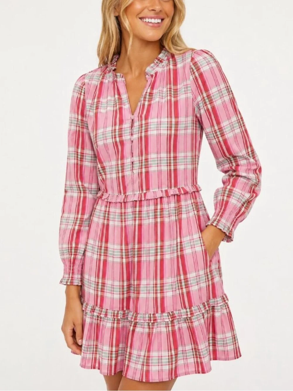 J.Crew Sweet Briar Marine Salt Pink Plaid Ruffle Trim Mini Dress 10 39674